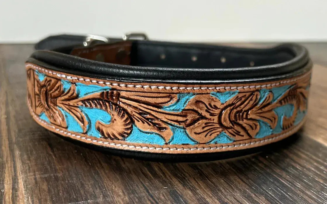 Handcrafted Padded Leather Tooled Dog Collar with Blue Accents Dog