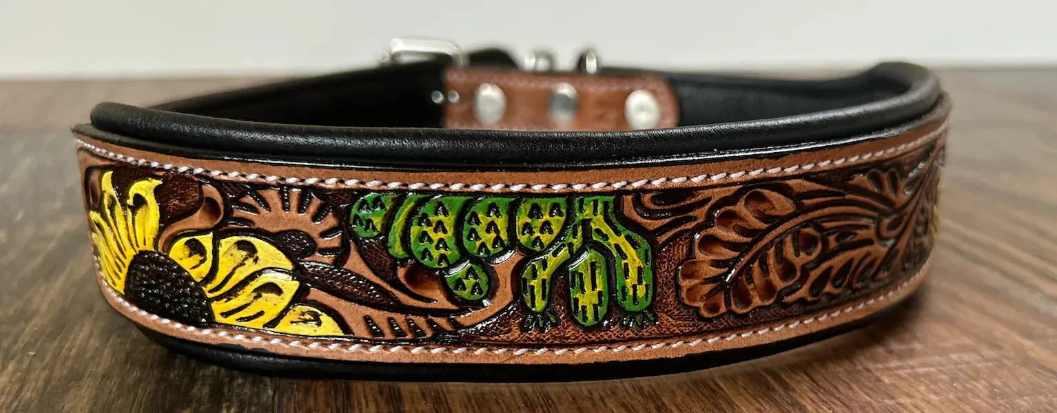 Handcrafted Padded Leather Tooled Dog Collar Sunflower Cactus Dog