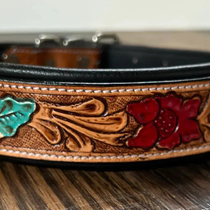 Handcrafted Padded Leather Tooled Dog Collar Red Leaf Dog