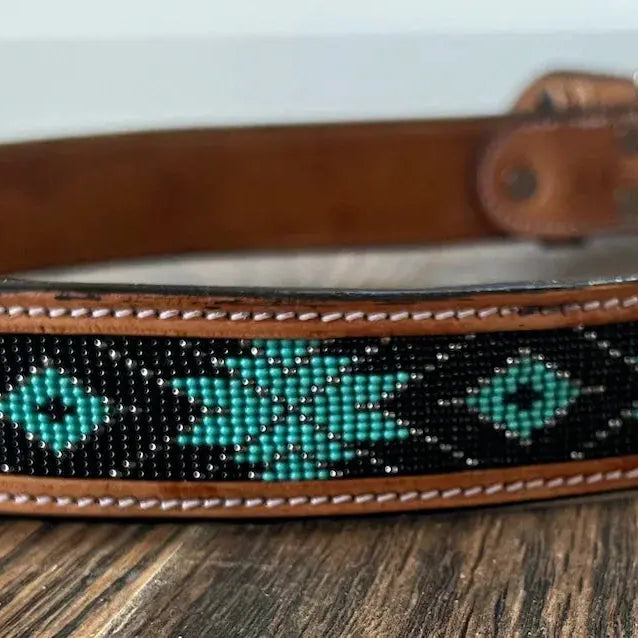 Handmade Leather Belt Tooled with Teal,Black & White Beading Belts