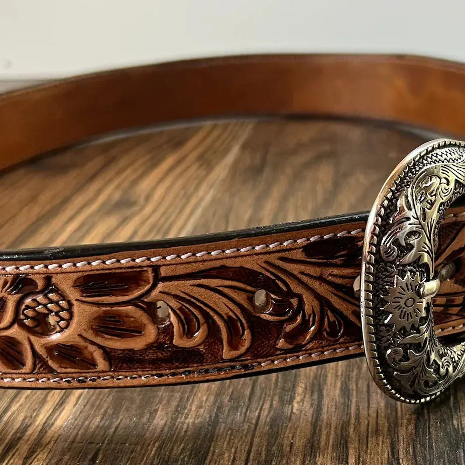 Handmade Leather Belt Tooled with Teal,Black & White Beading Belts