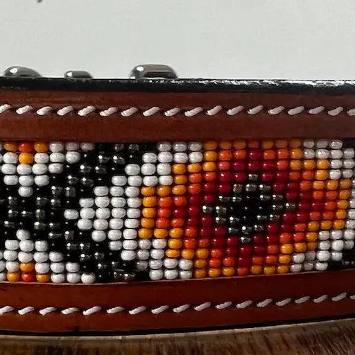 Leather Dog Collar with Orange and red beading Dog