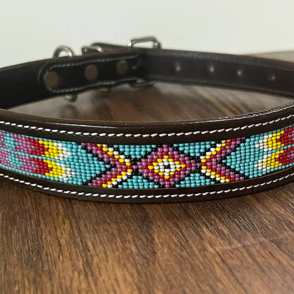 Leather Dog Collar with blue, pink yellow beading Dog