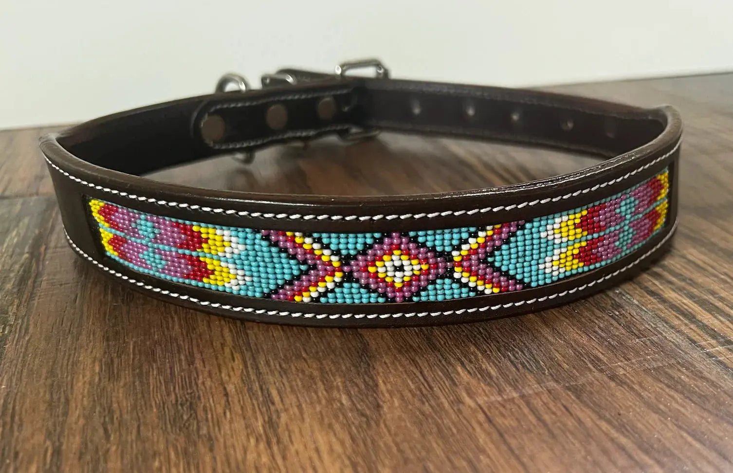 Leather Dog Collar with blue, pink yellow beading Dog