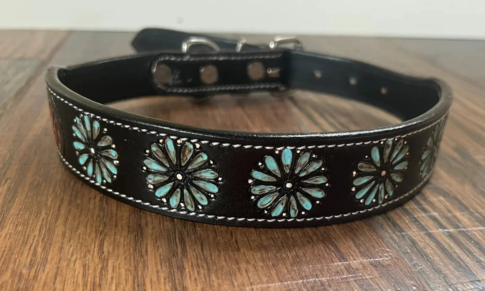 Leather Tooled Dog Collar with Squashblossoms Large Dog