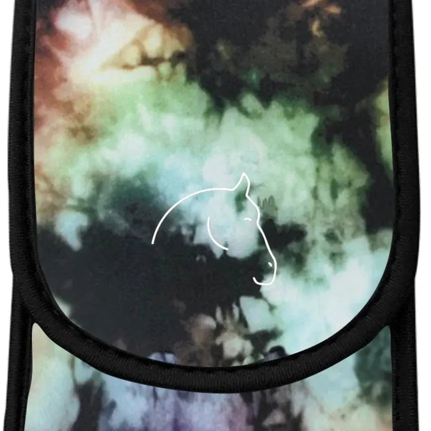 Black neoprene Horse Holster phone case with vibrant tie-dye and white horse silhouette