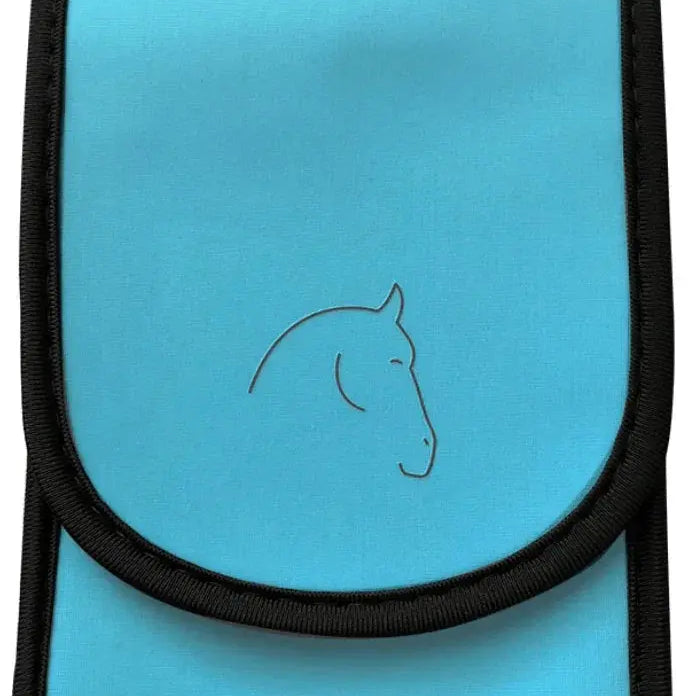 Turquoise neoprene Horse Holster pouch with black trim and horse head drawing