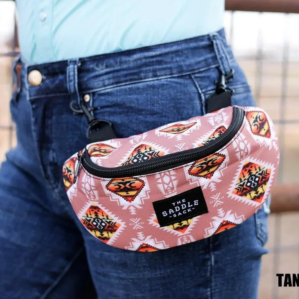 Pink Saddle Sack fanny pack with orange, black, white geometric pattern