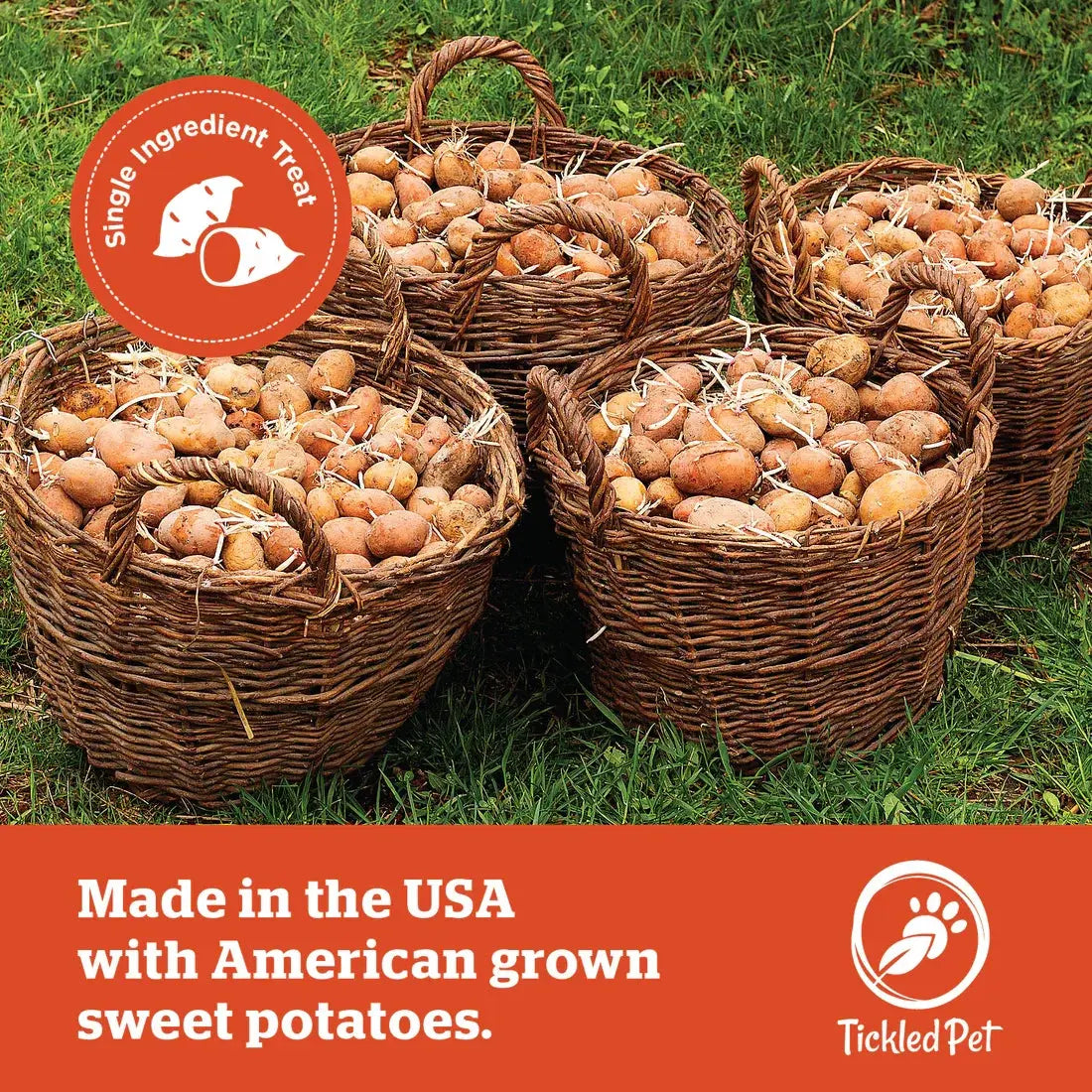 Tickled Pet sweet potato strips in brown wicker baskets