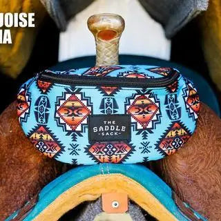 Turquoise geometric saddle bag The Saddle Sack with black label