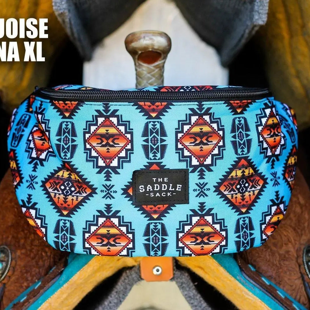 Turquoise Saddle Sack XL with orange black blue tribal geometric pattern