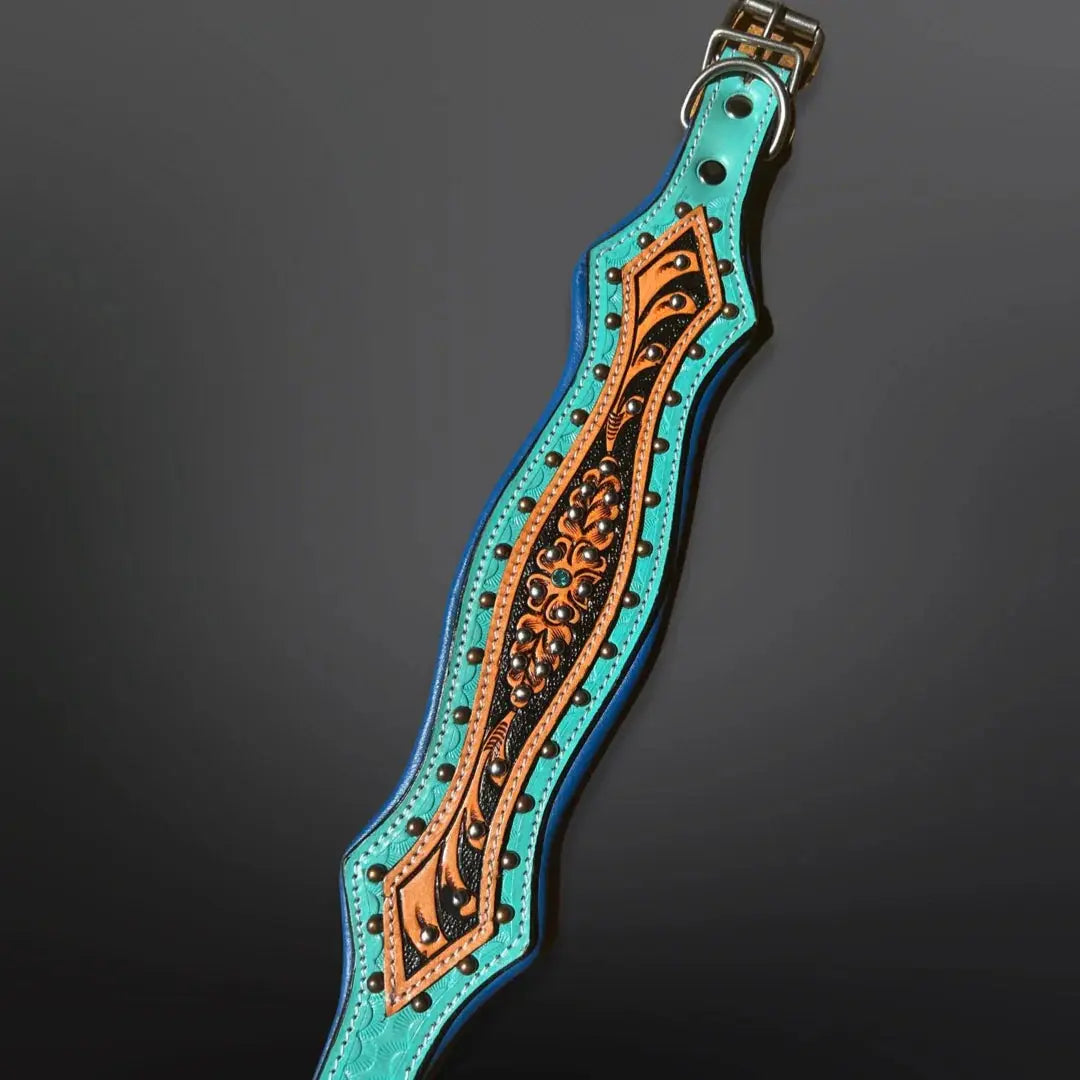 Turquoise Scalloped Western Tooled Leather Dog Collar Dog