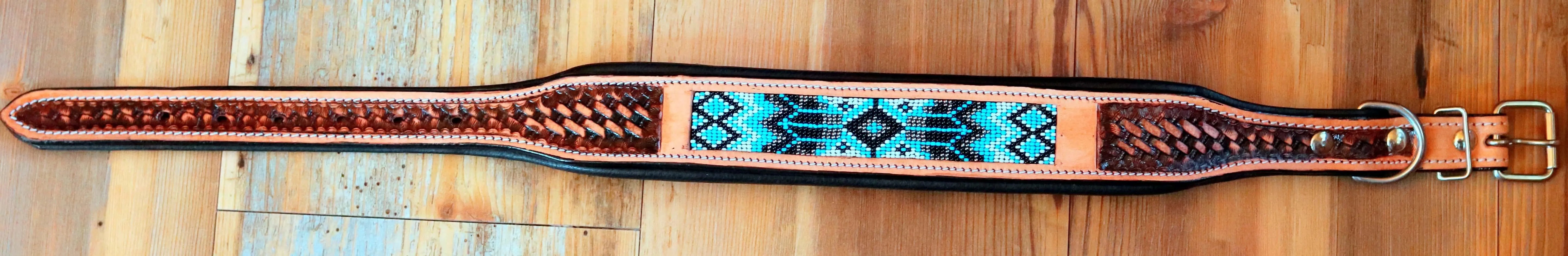 Handcrafted Padded Leather Tooled Dog Collar with Blue, White and Black Beading Dog