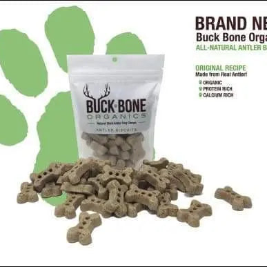 Buck Bone Organics all-natural antler biscuits in clear package