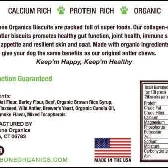 Back label of Buck Bone Organics antler biscuits with organic ingredients