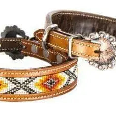 Leather Dog Collar Beaded Inlay Red, Orange, and Yellow Dog