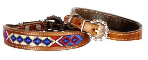 Genuine leather dog collar beaded inlay with red, white, and blue beaded inlay design and copper hardware. Dog