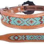 Genuine leather dog collar with teal beaded inlay Dog