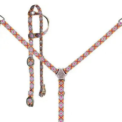 Pink Aztec Print Nylon One Ear Headstall and Breastcollar Set Horse Tack
