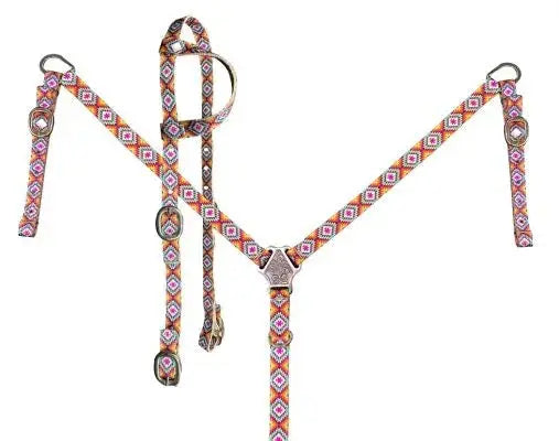 Pink Aztec Print Nylon One Ear Headstall and Breastcollar Set Horse Tack