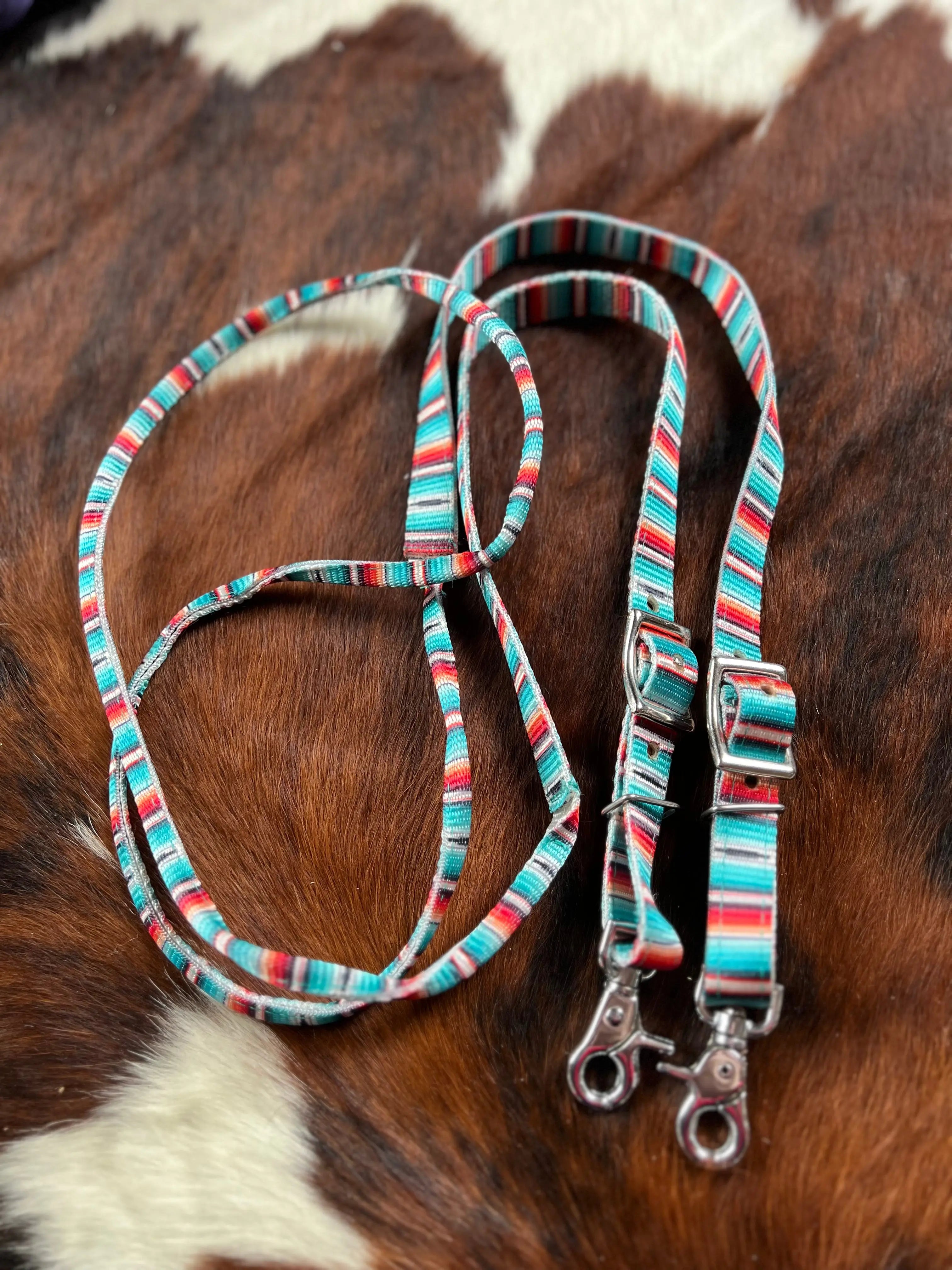 3/4" x 8ft Teal Serape Southwest Print nylon contest rein with scissor snap end Reins