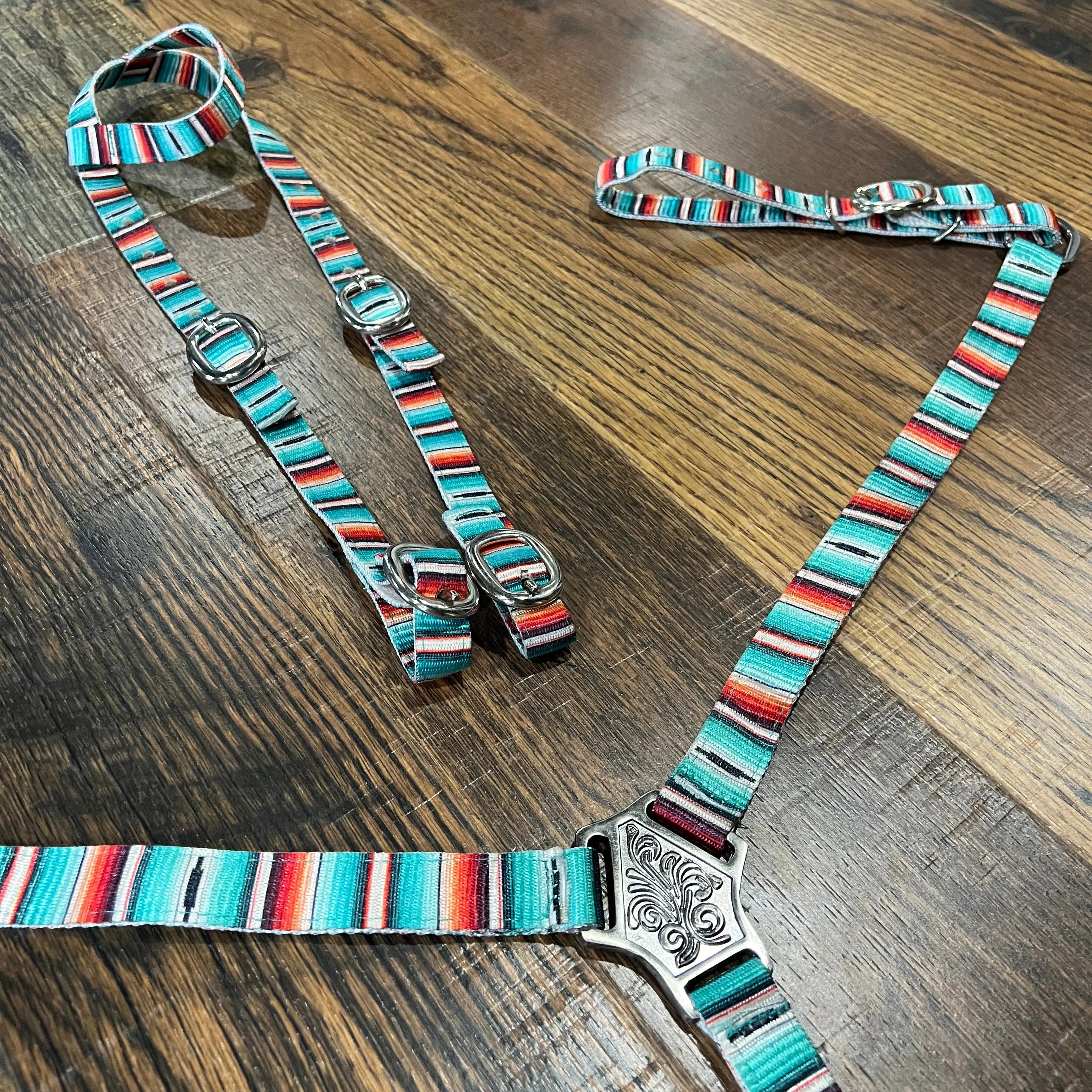 Nylon teal serape southwest print horse halter with silver buckle