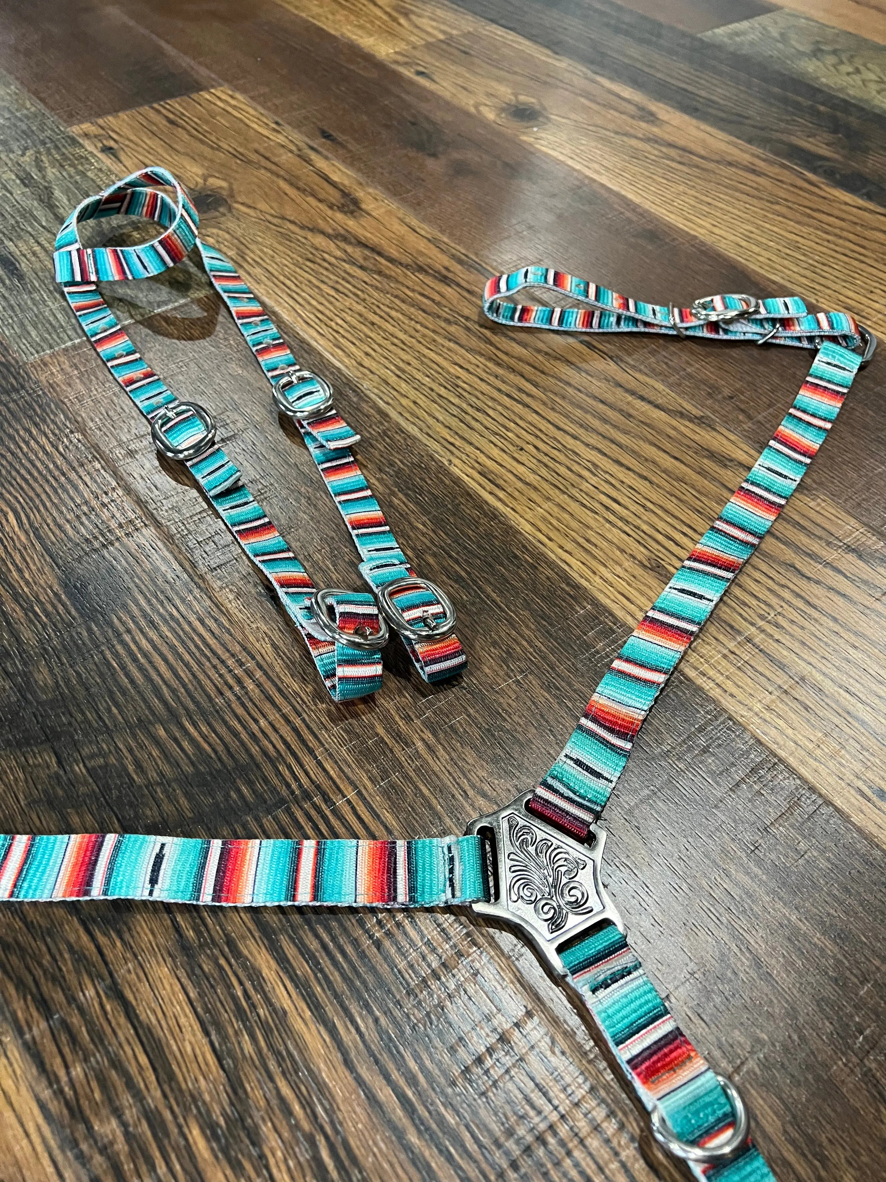 Nylon Teal Serape Southwest Print One Ear Headstall and Breastcollar Set Horse Size Horse Tack
