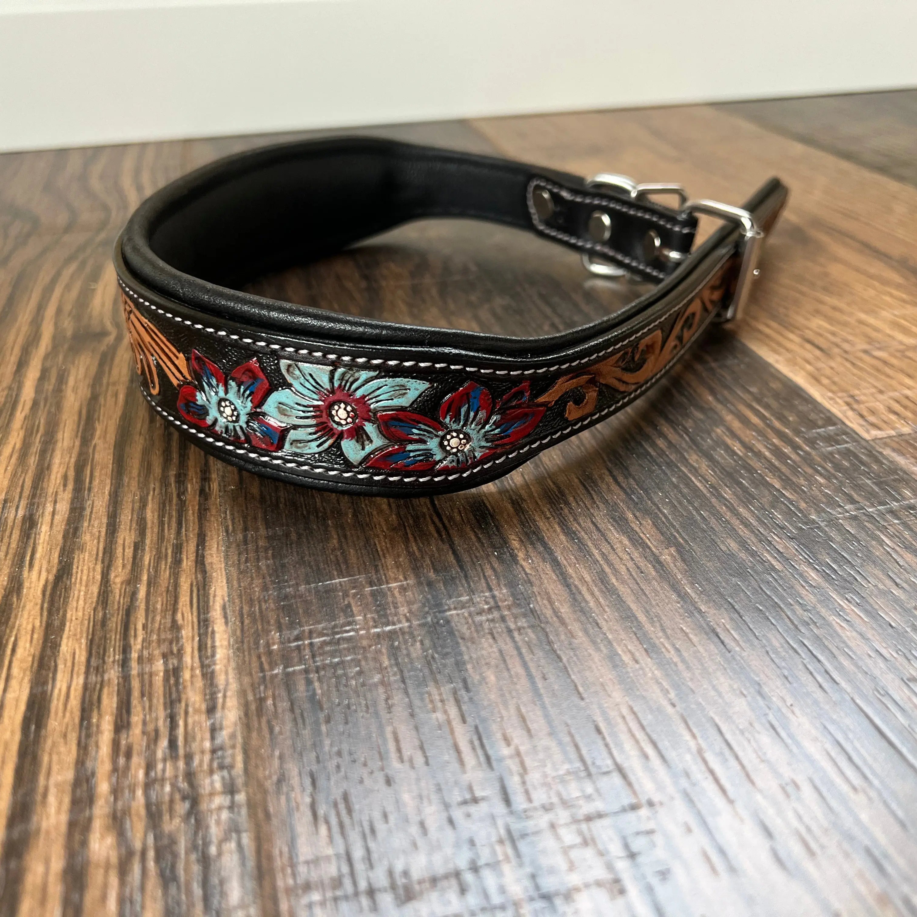 Handcrafted Padded Leather Tooled Dog Collar Blue/Red flowers Dog