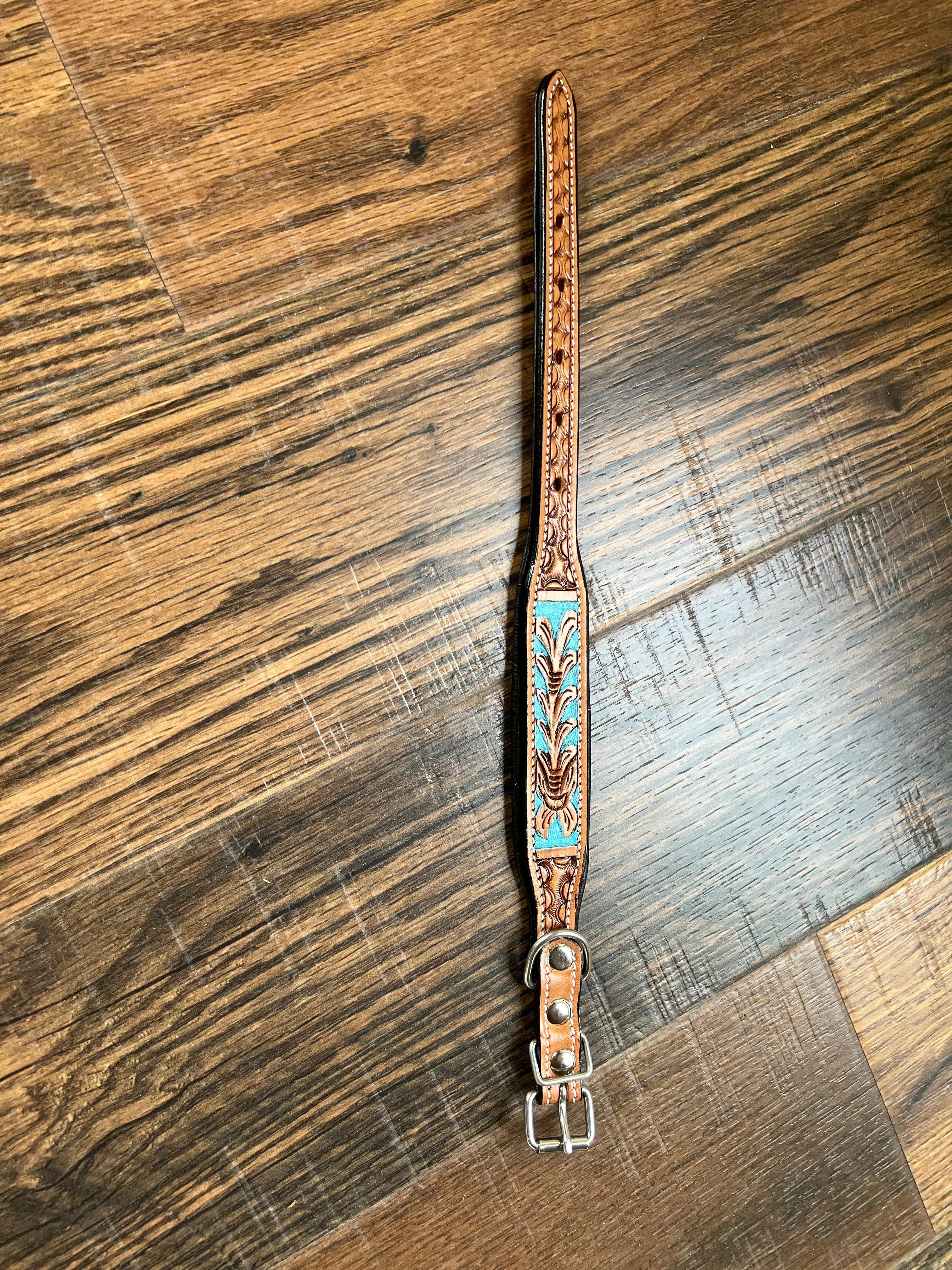Handcrafted Padded Leather Tooled Dog Collar with Blue Accents Dog