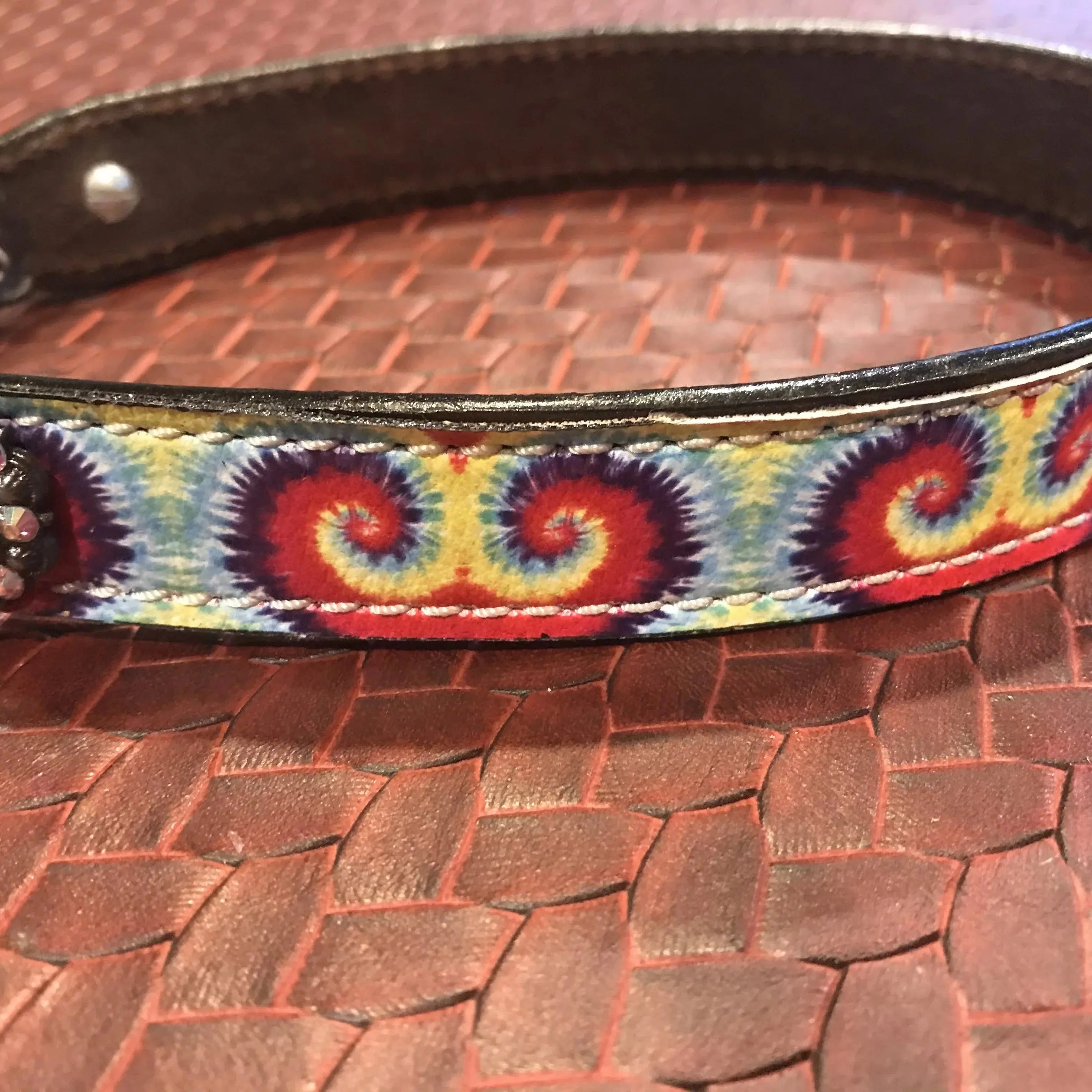 Genuine leather dog collar with tie dye print. Dog
