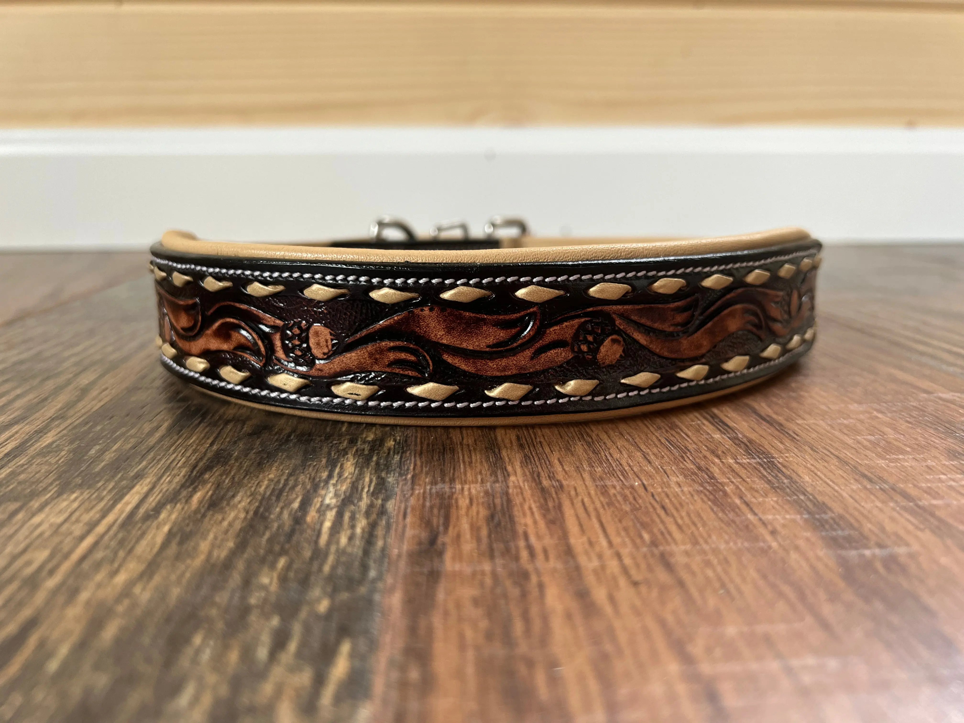 Handcrafted Padded Leather Tooled Dog Collar With Buckstiching Dog