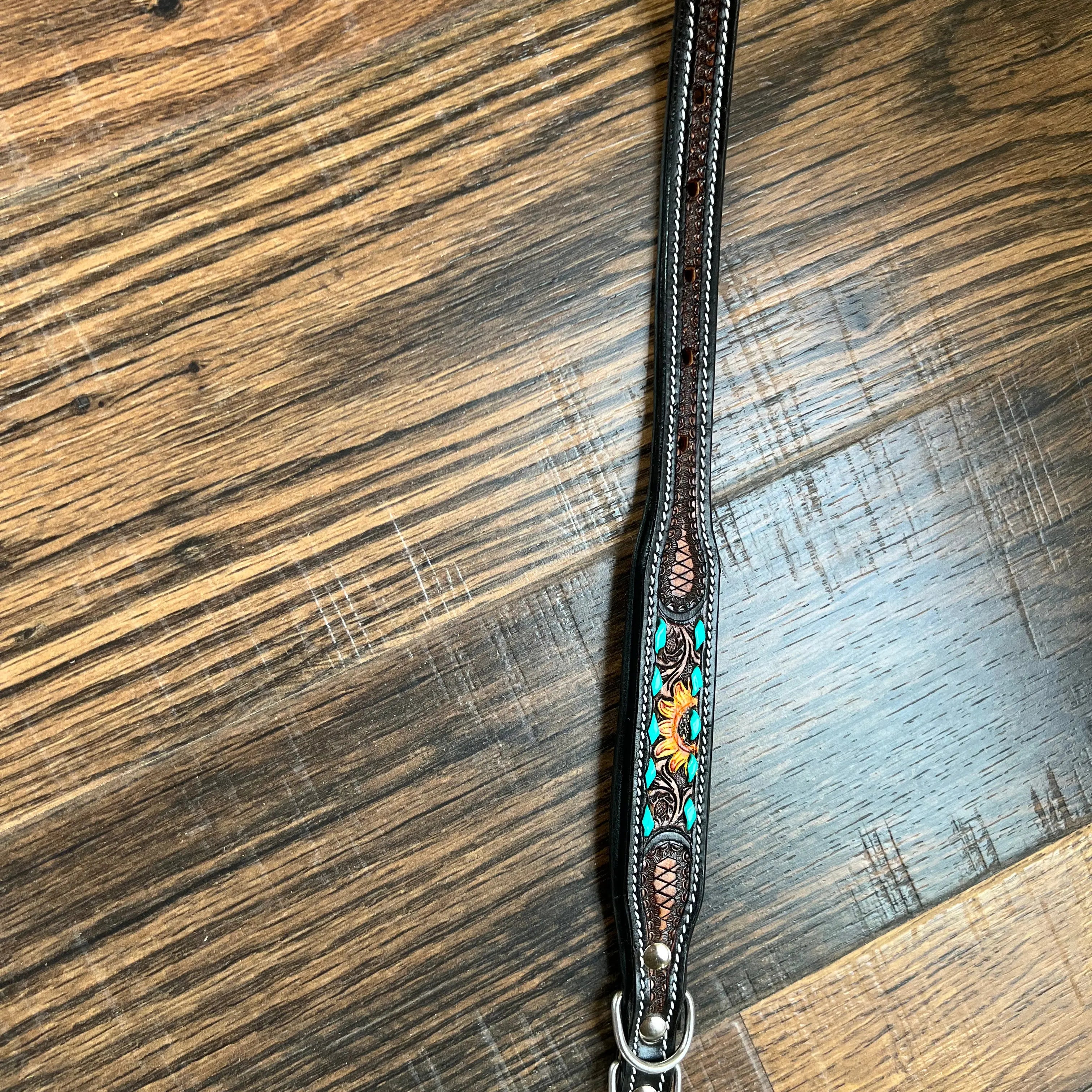 Handcrafted Padded Leather Tooled Dog Collar Sunflower with Teal Stitching Dog