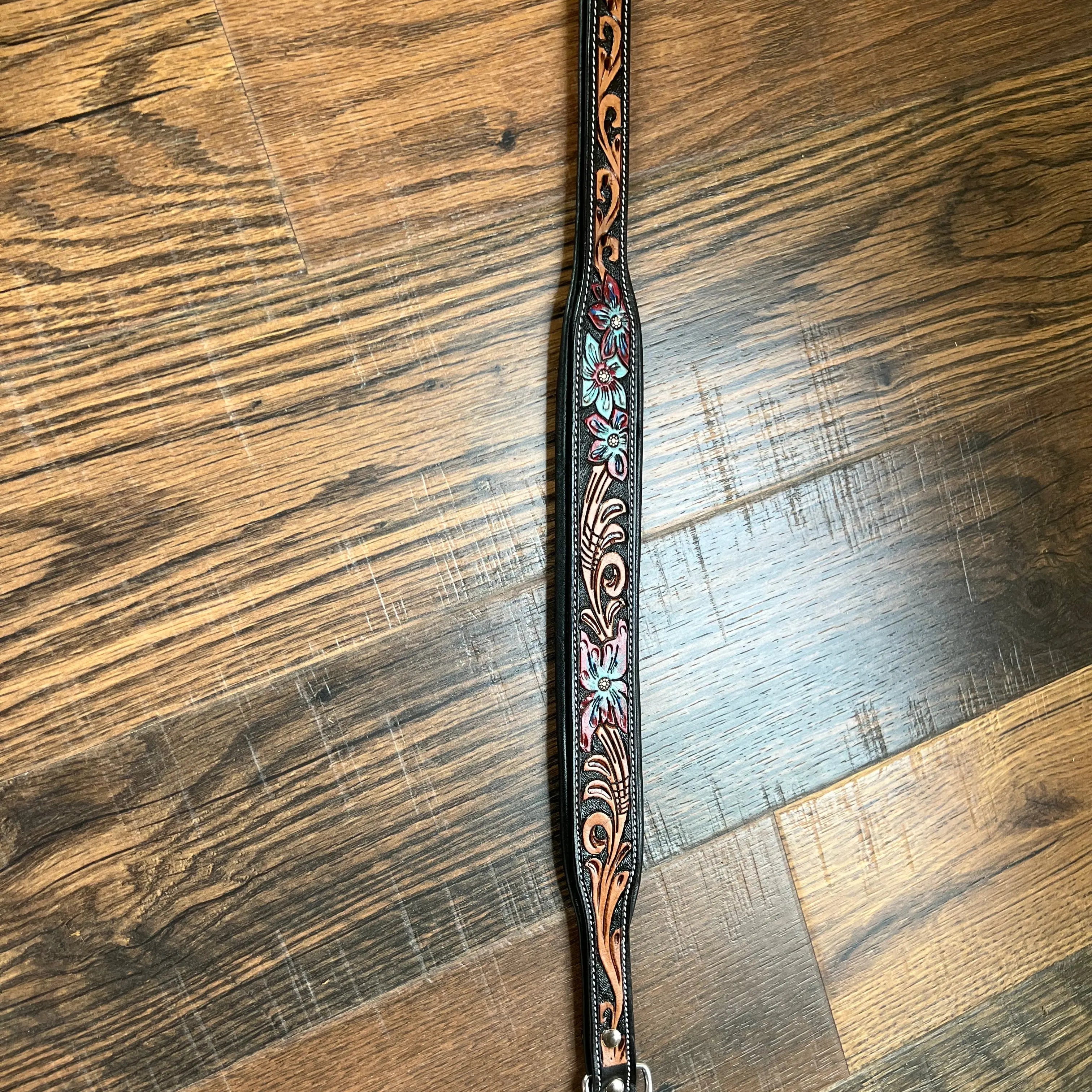 Handcrafted Padded Leather Tooled Dog Collar Blue/Red flowers Dog