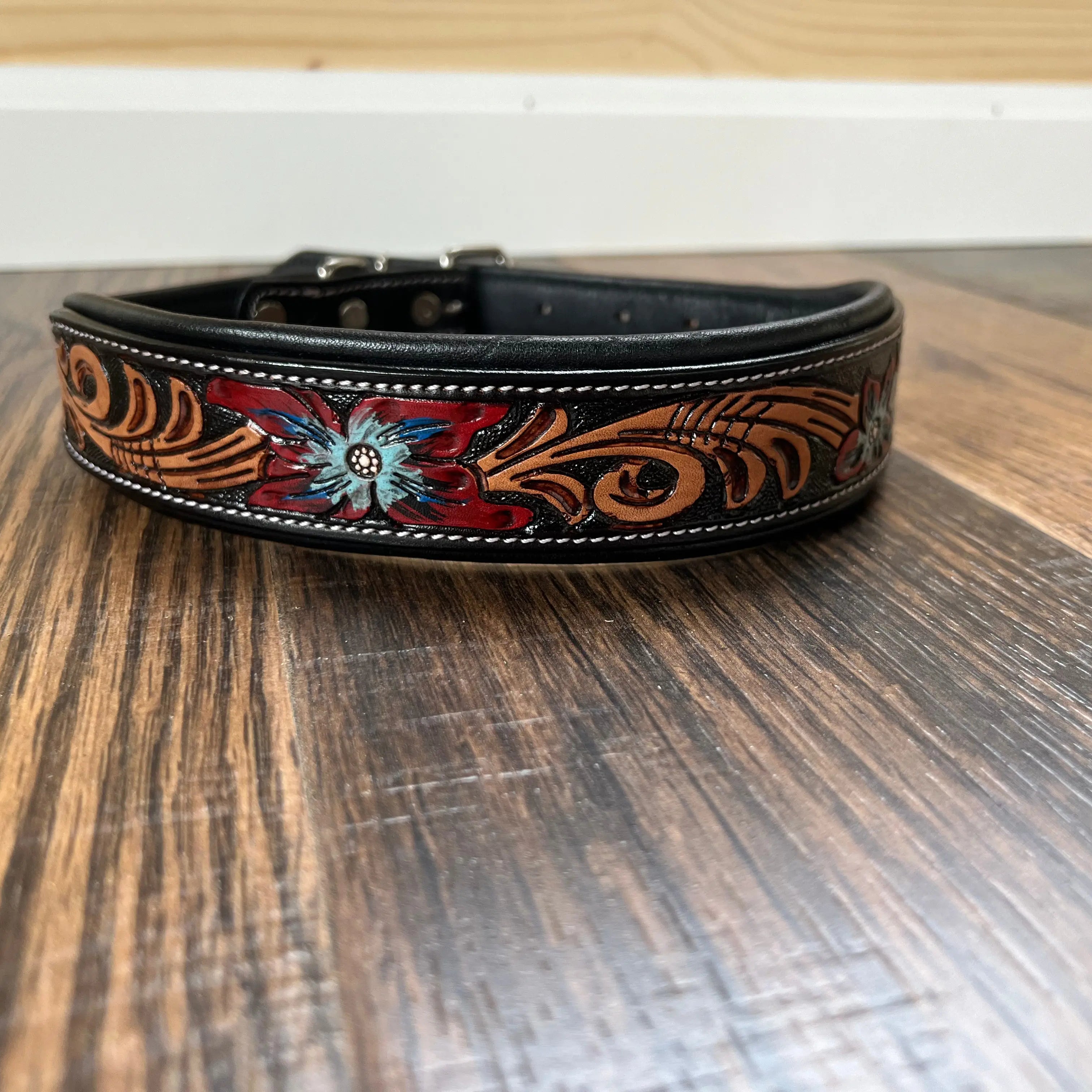 Handcrafted Padded Leather Tooled Dog Collar Blue/Red flowers Dog