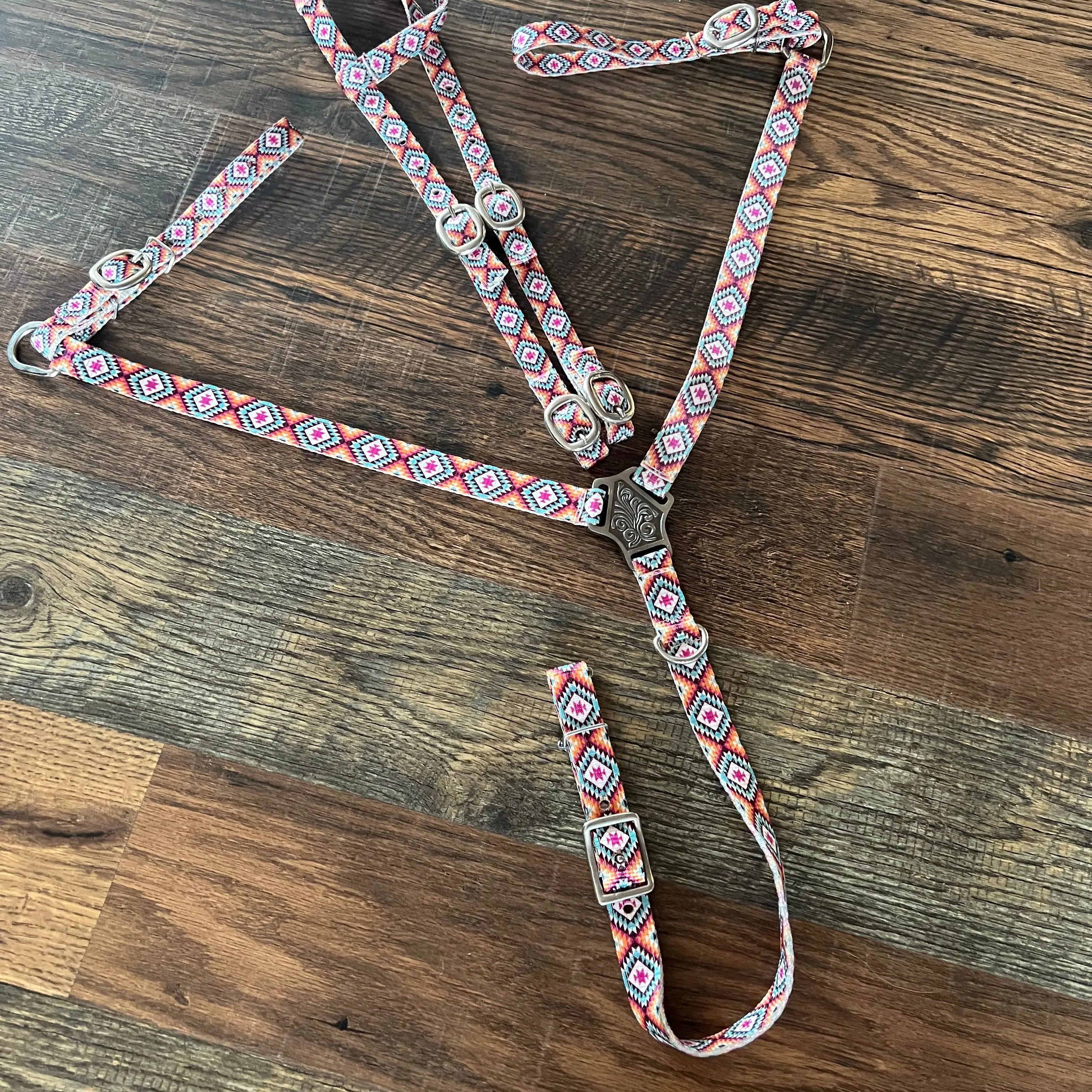 Pink Aztec Print Nylon One Ear Headstall and Breastcollar Set Horse Tack