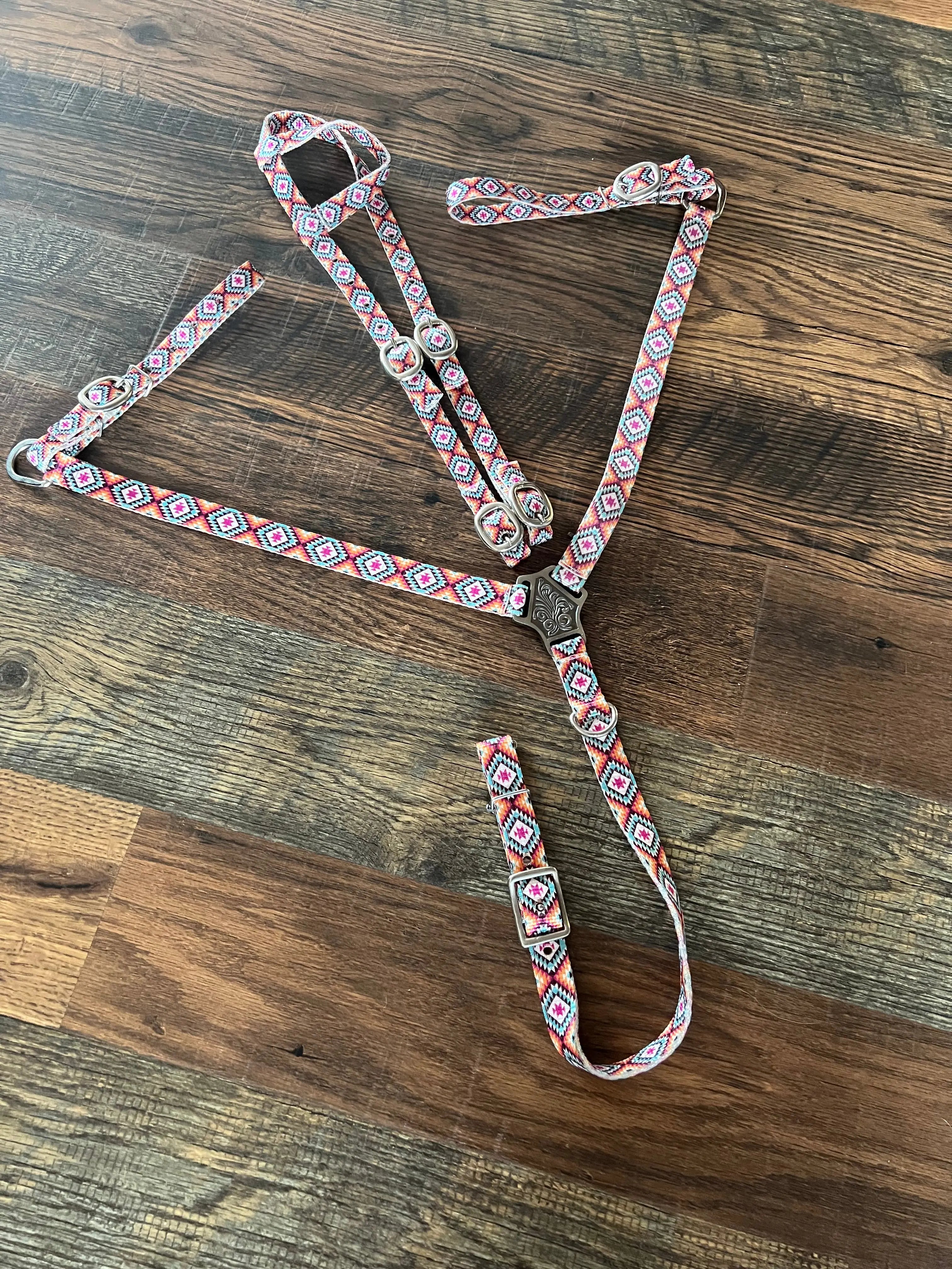 Pink Aztec Print Nylon One Ear Headstall and Breastcollar Set Horse Tack