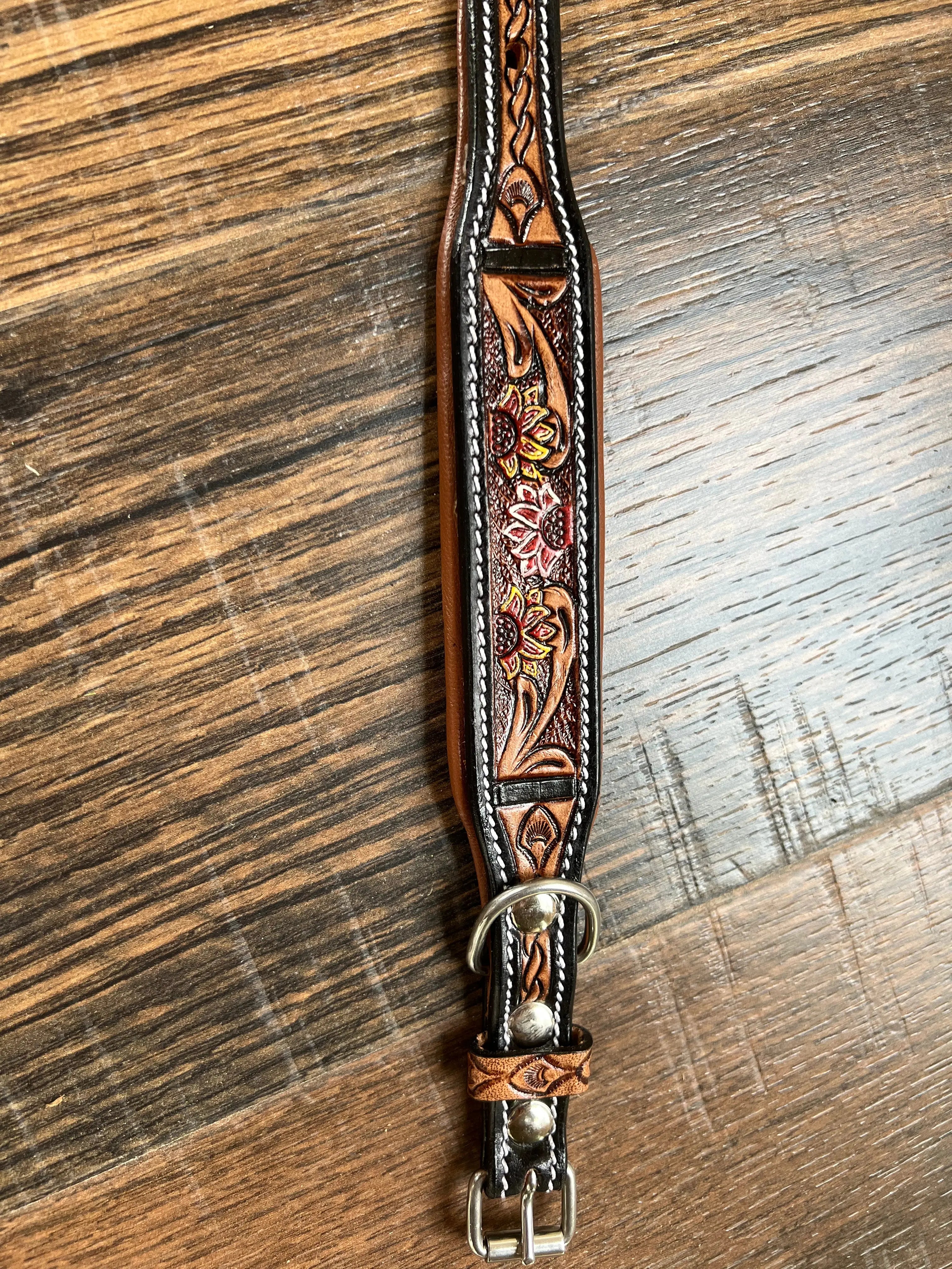 Handcrafted Padded Leather Tooled Dog Collar Fire Sunflowers Dog