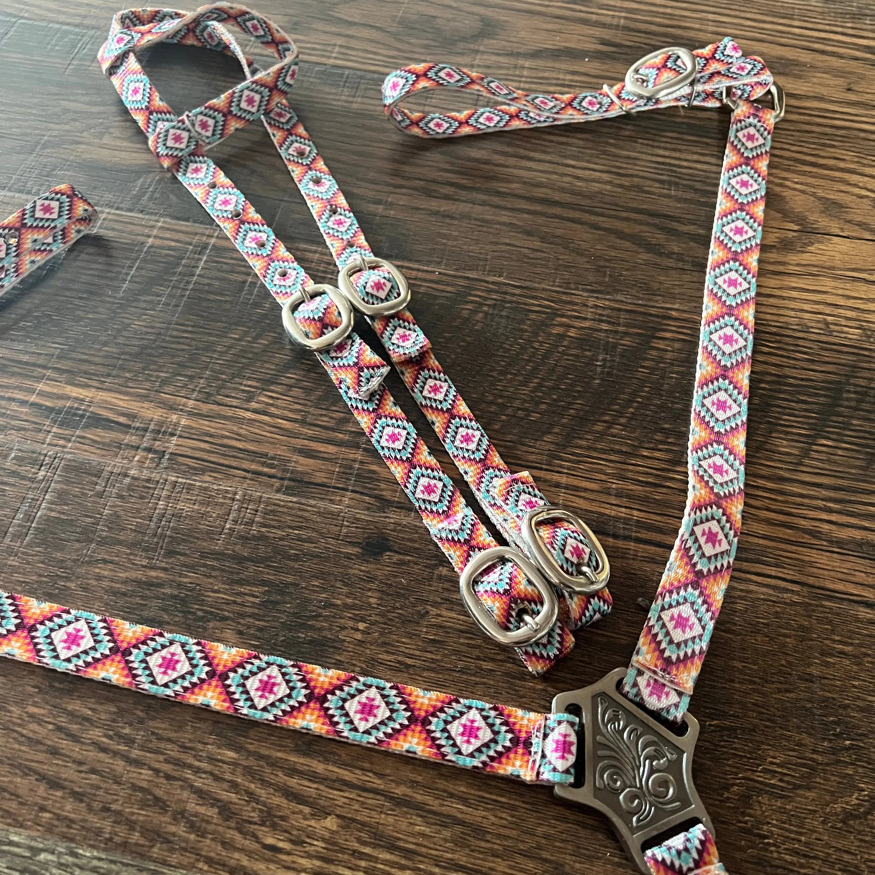 Pink Aztec Print Nylon One Ear Headstall and Breastcollar Set Horse Tack