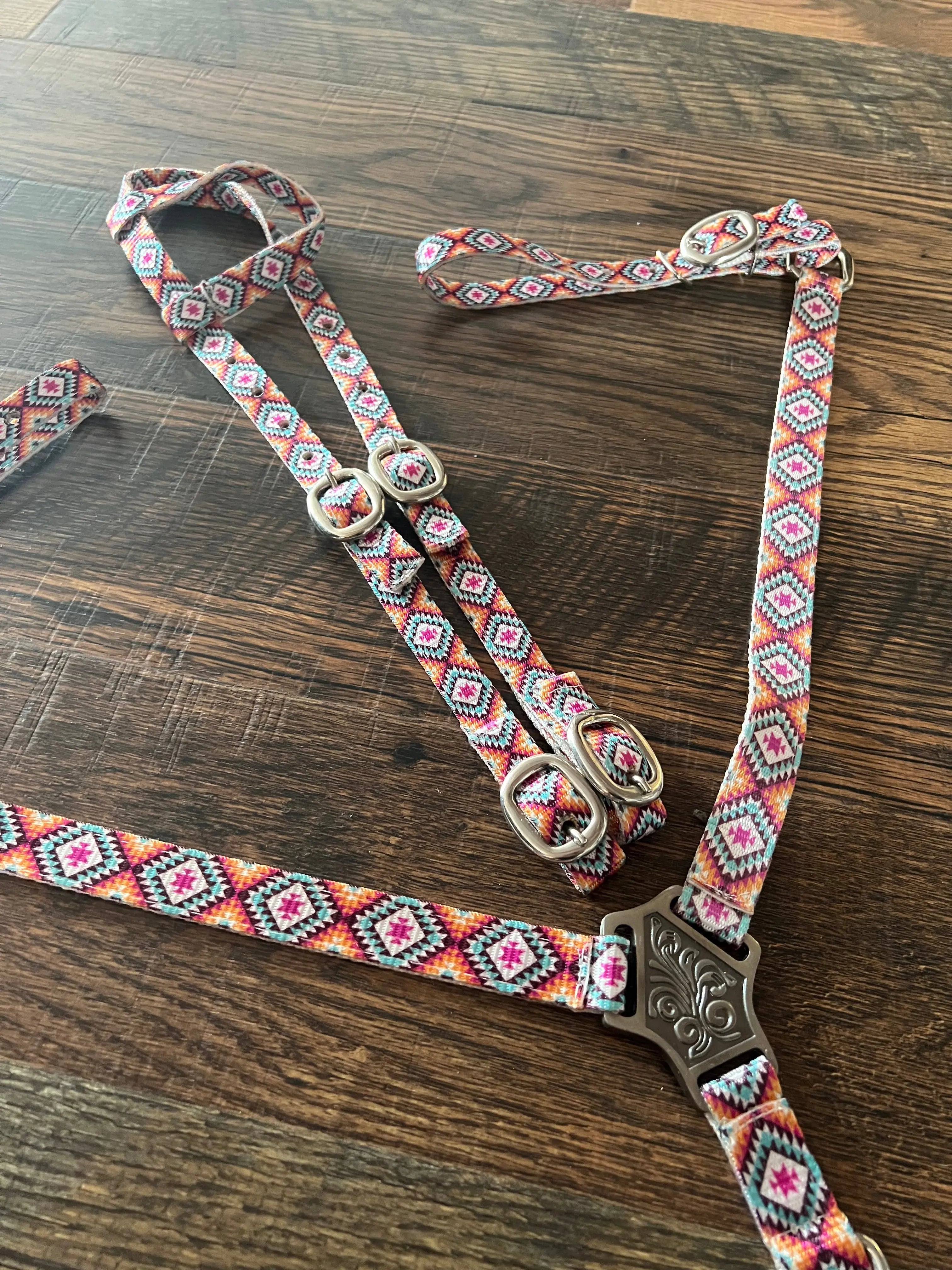 Pink Aztec Print Nylon One Ear Headstall and Breastcollar Set Horse Tack
