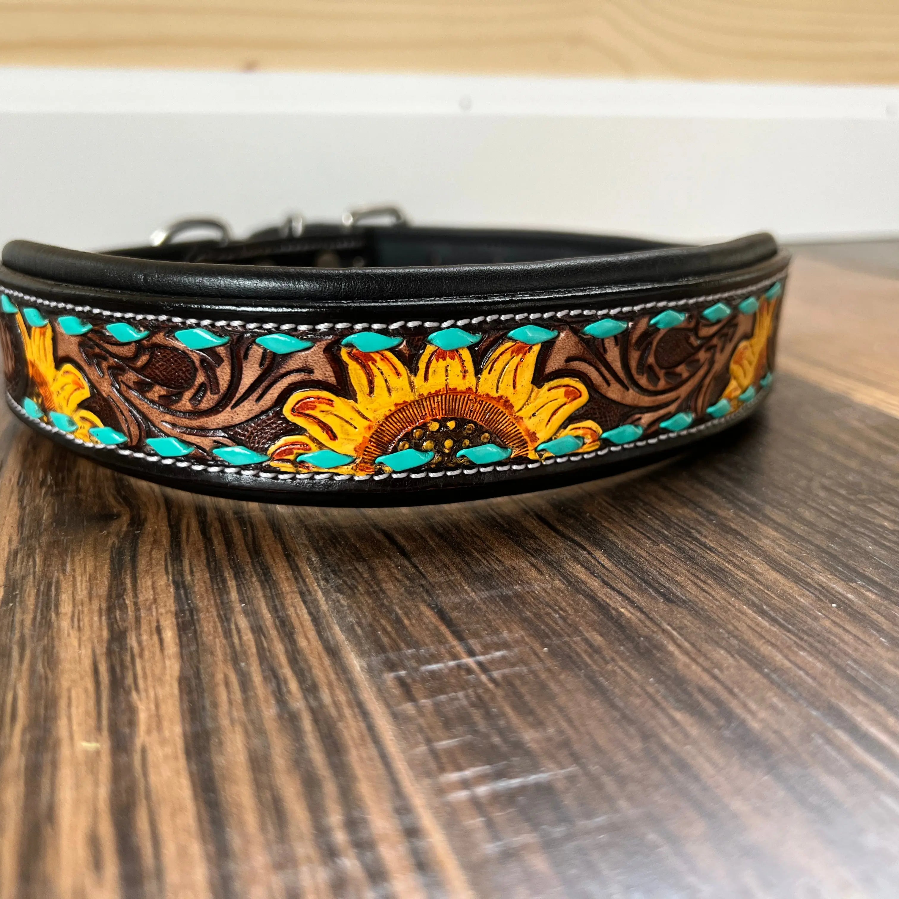 Handcrafted Padded Leather Tooled Dog Collar Sunflower with Teal Stitching Dog