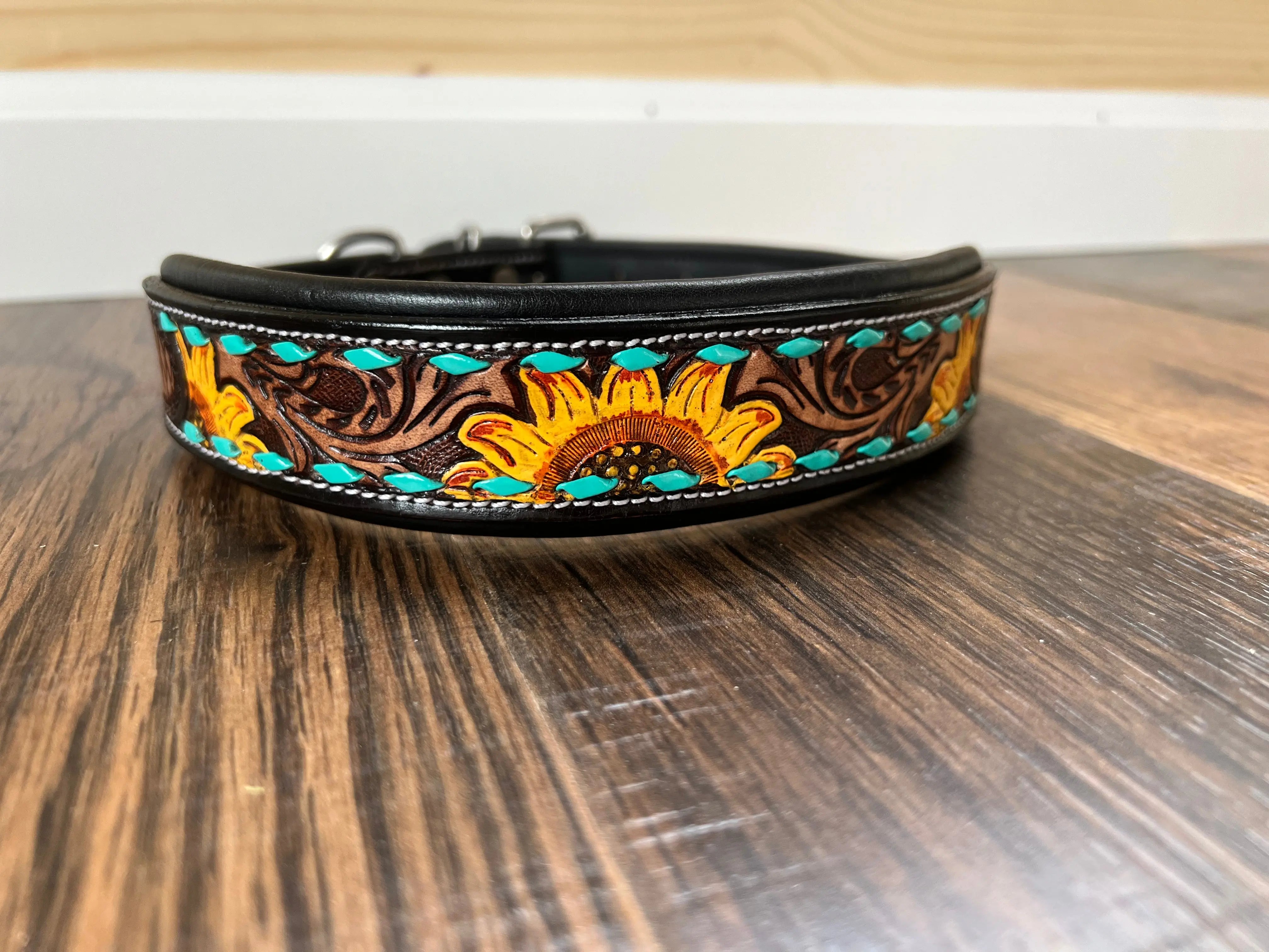 Handcrafted Padded Leather Tooled Dog Collar Sunflower with Teal Stitching Dog