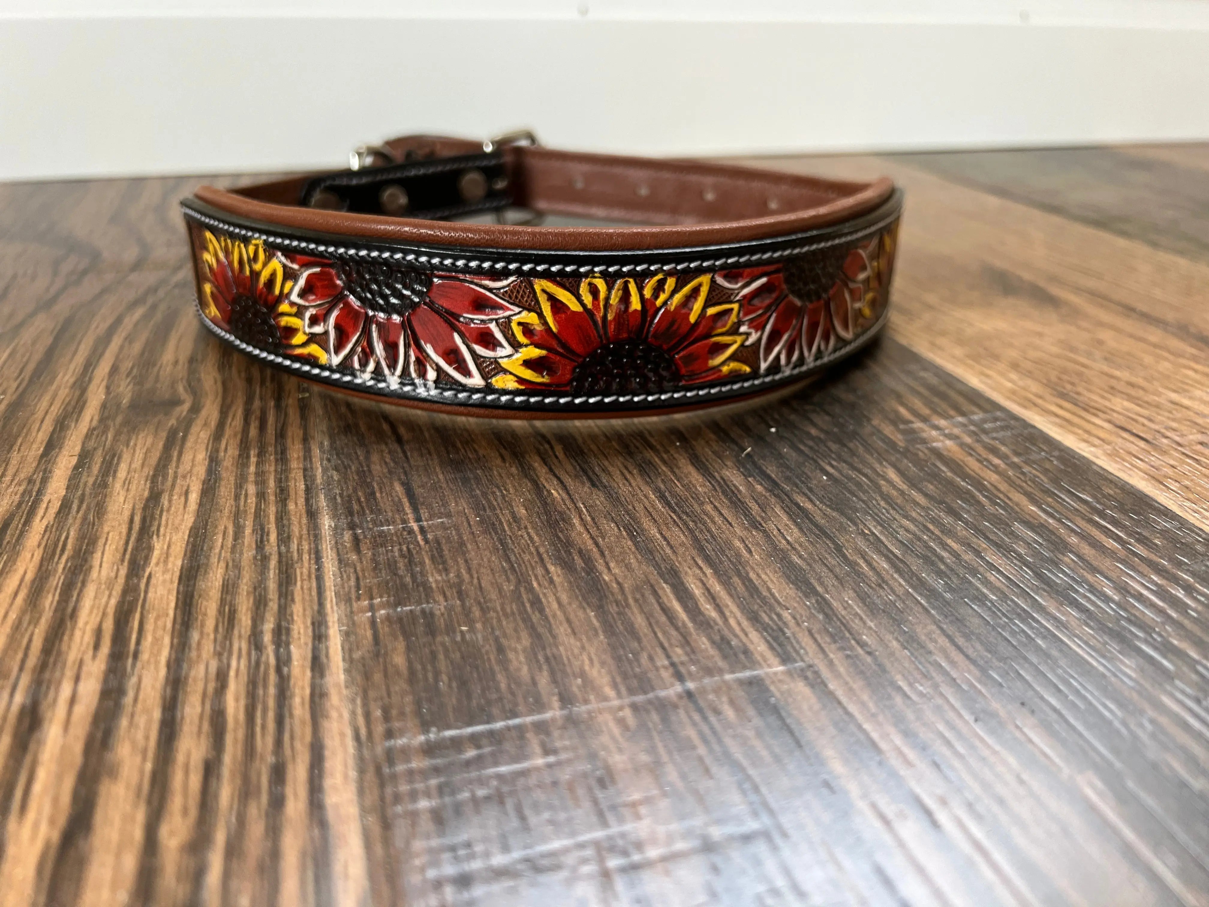 Handcrafted Padded Leather Tooled Dog Collar Fire Sunflowers Dog