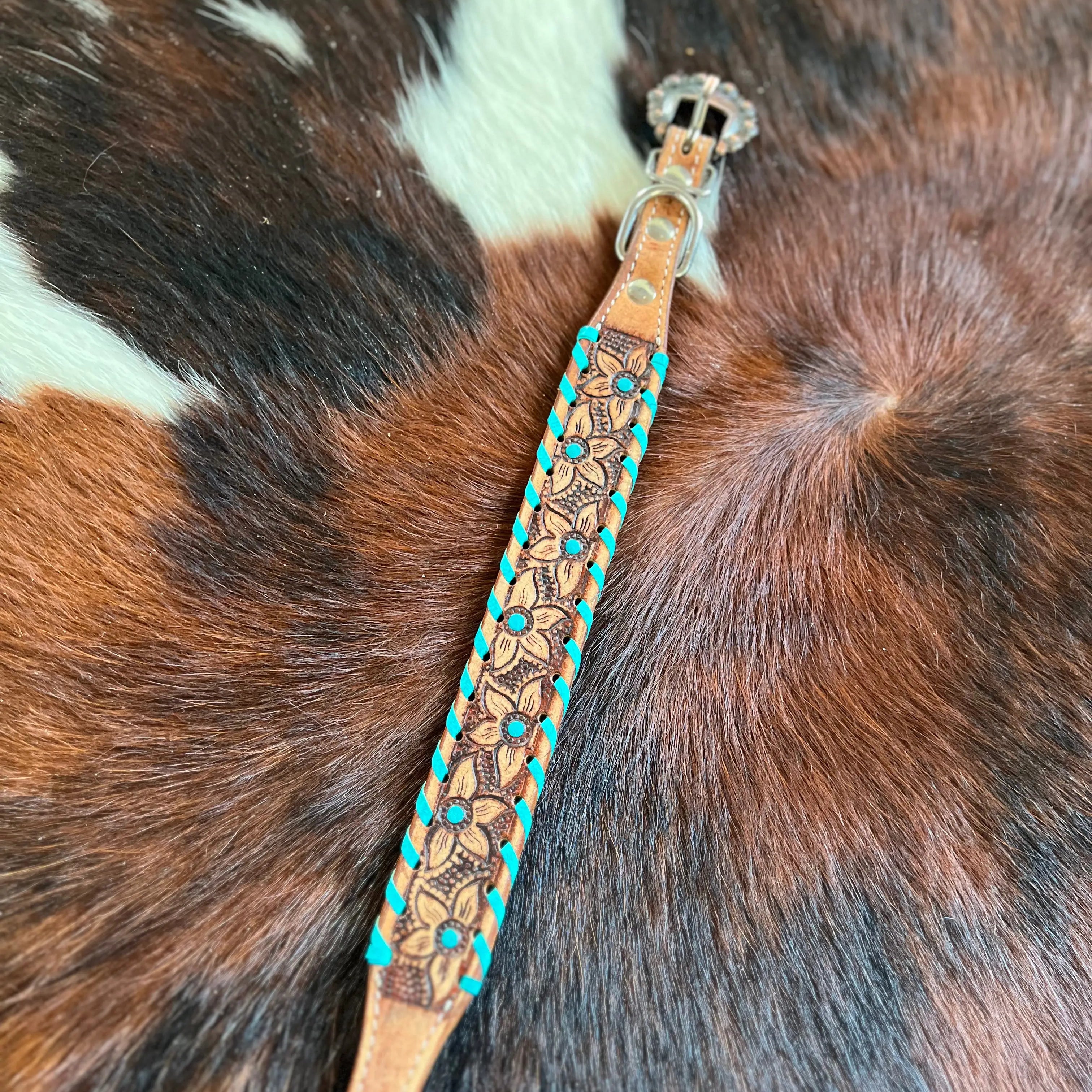 Genuine leather dog collar with teal rawhide Dog