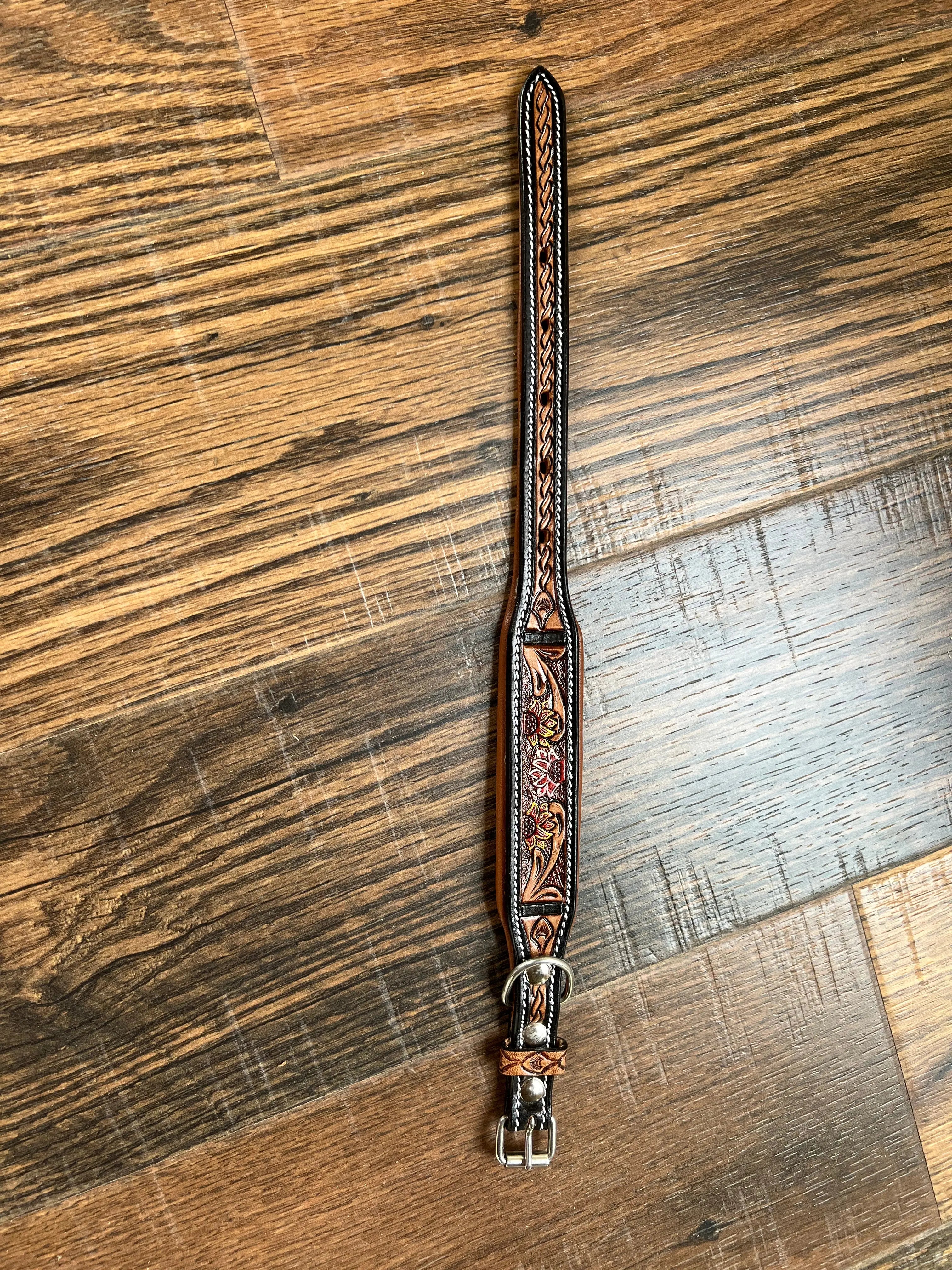 Handcrafted Padded Leather Tooled Dog Collar Fire Sunflowers Dog