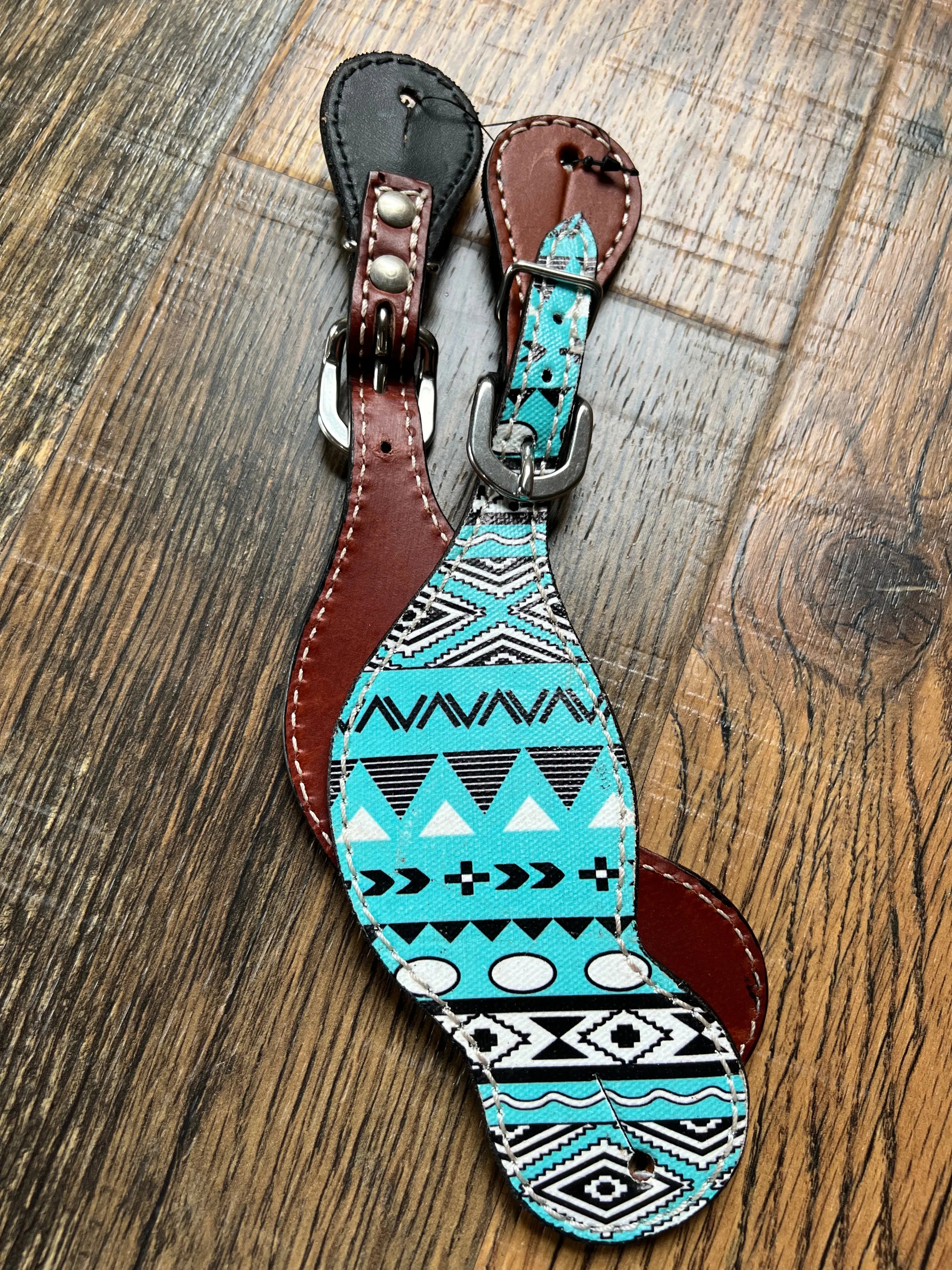 Ladies Teal/blue/Black/White Aztec Leather spur straps Horse Tack