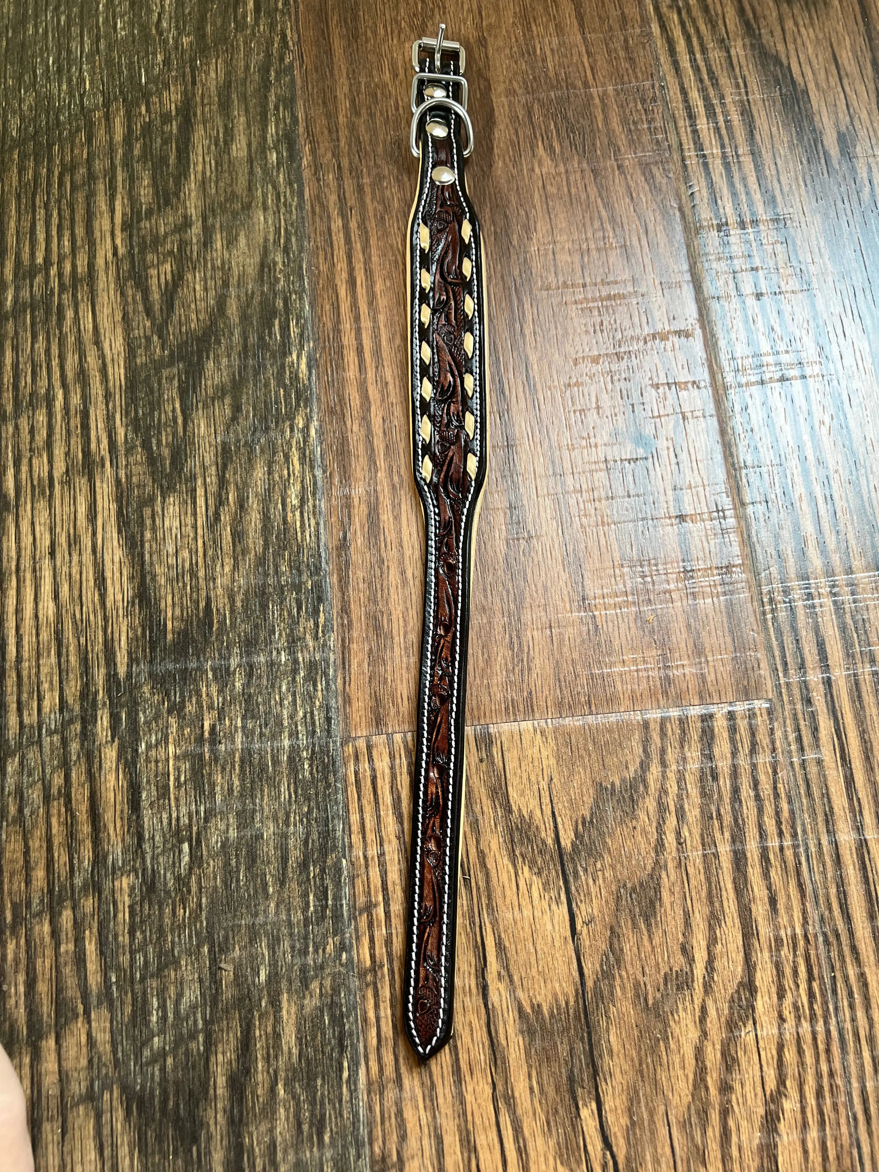 Handcrafted Padded Leather Tooled Dog Collar With Buckstiching Dog