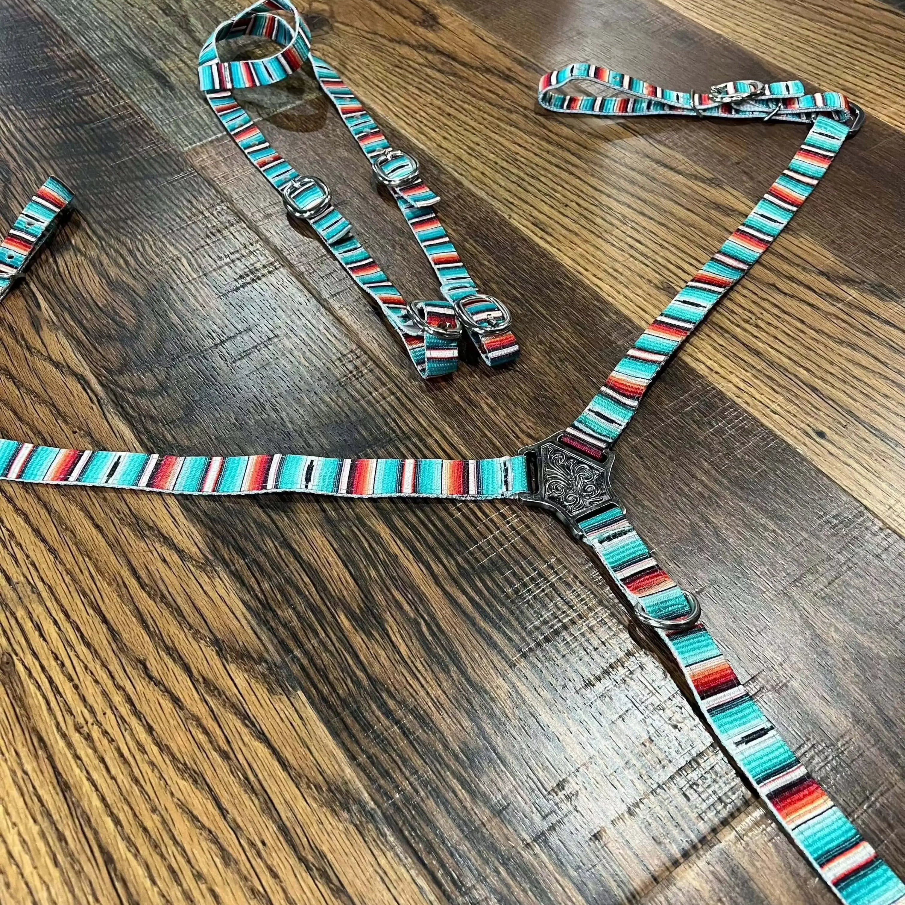 Nylon Teal Serape Southwest Print One Ear Headstall and Breastcollar Set Horse Size Horse Tack