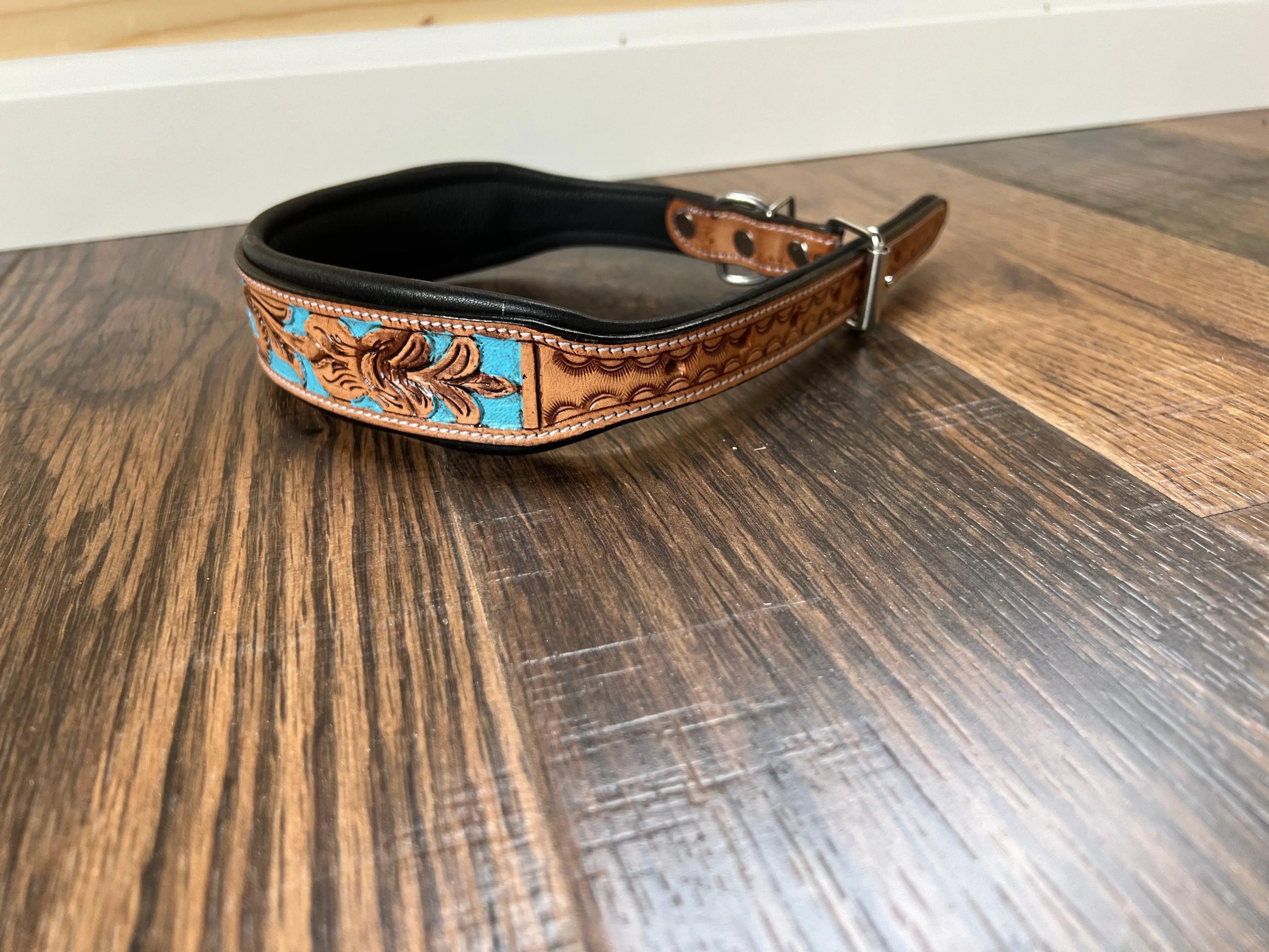 Handcrafted Padded Leather Tooled Dog Collar with Blue Accents Dog