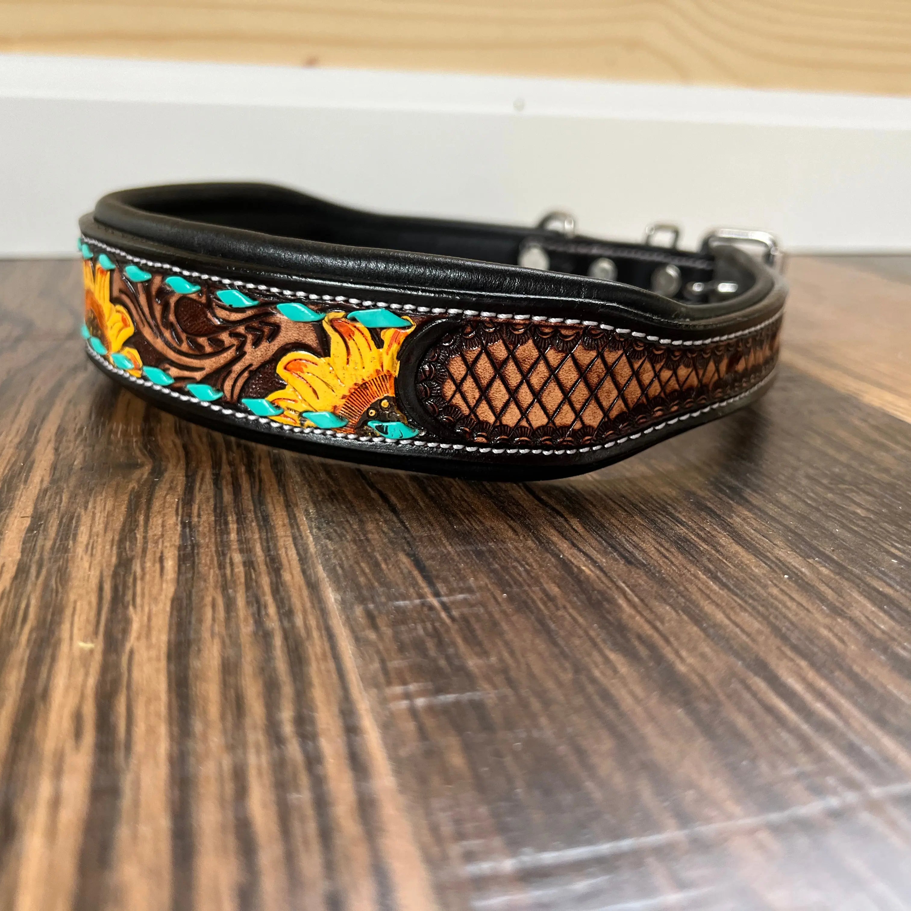 Handcrafted Padded Leather Tooled Dog Collar Sunflower with Teal Stitching Dog