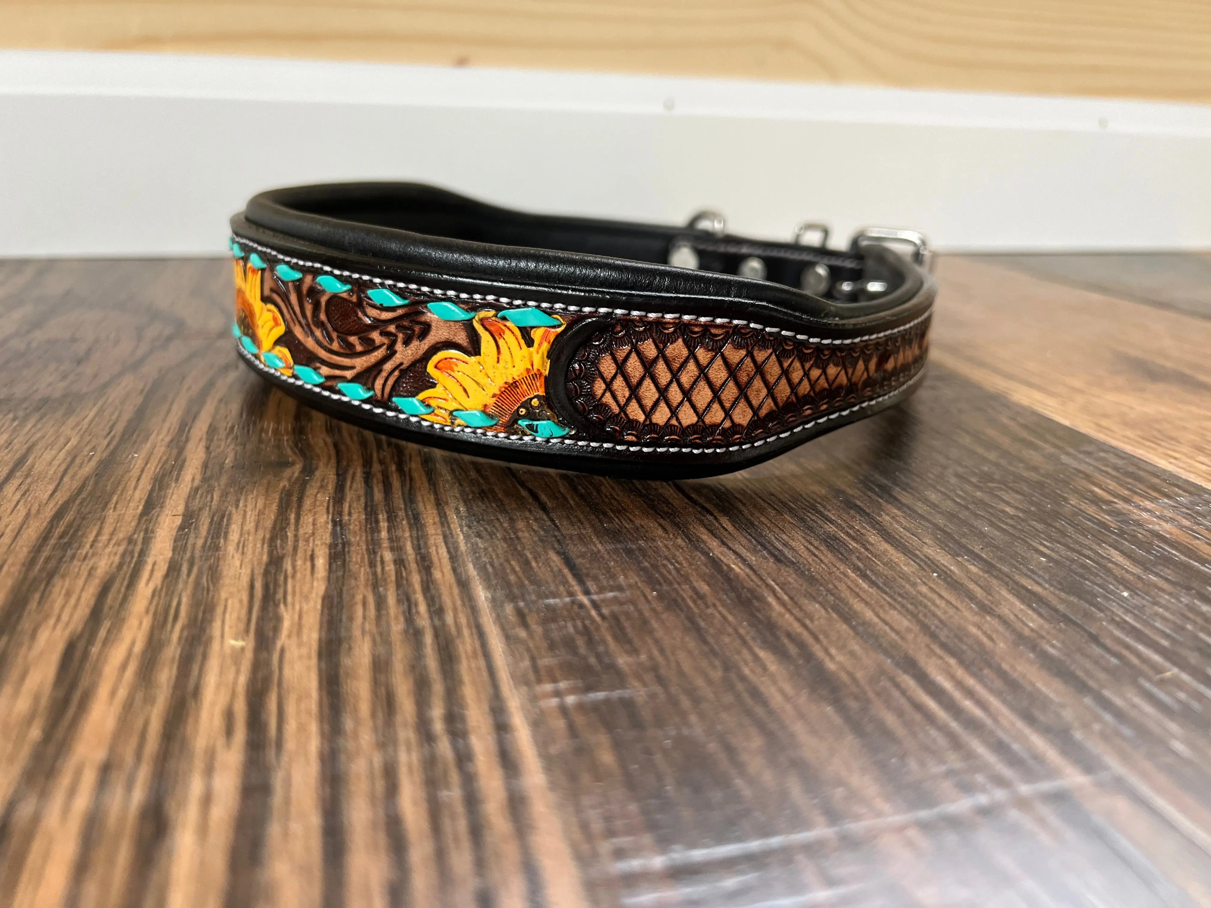 Handcrafted Padded Leather Tooled Dog Collar Sunflower with Teal Stitching Dog